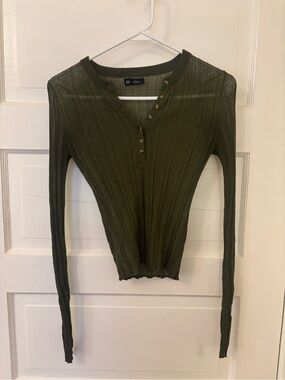 GAP Olive Ribbed Henley Long Sleeve Top